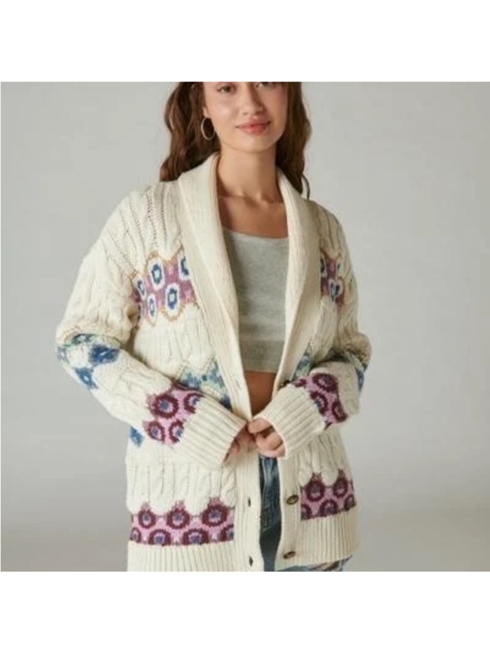 LUCKY BRAND Cream Floral Patterned Shawl Collar Cardigan Sweater